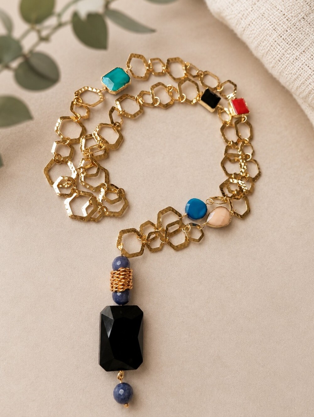 Gold Hexagon Link Necklace with Multicolor Gem Accents